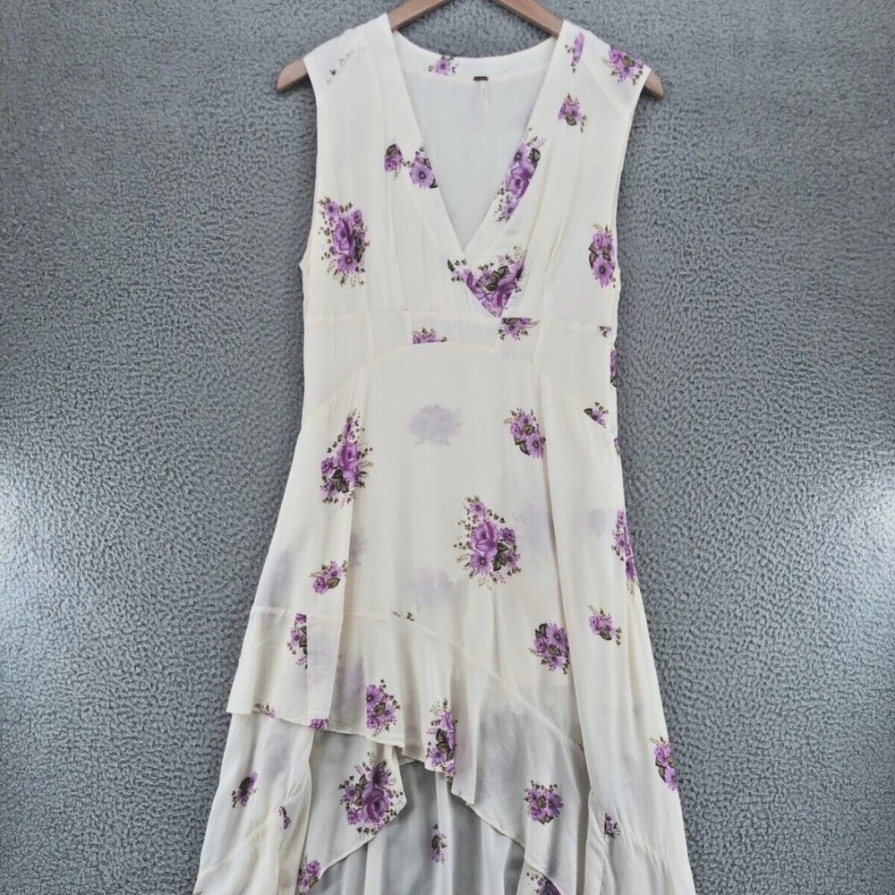 Free People Dress Womens 12 Birdie Ivory Purple Floral Surplice Neck Midi Hi Low